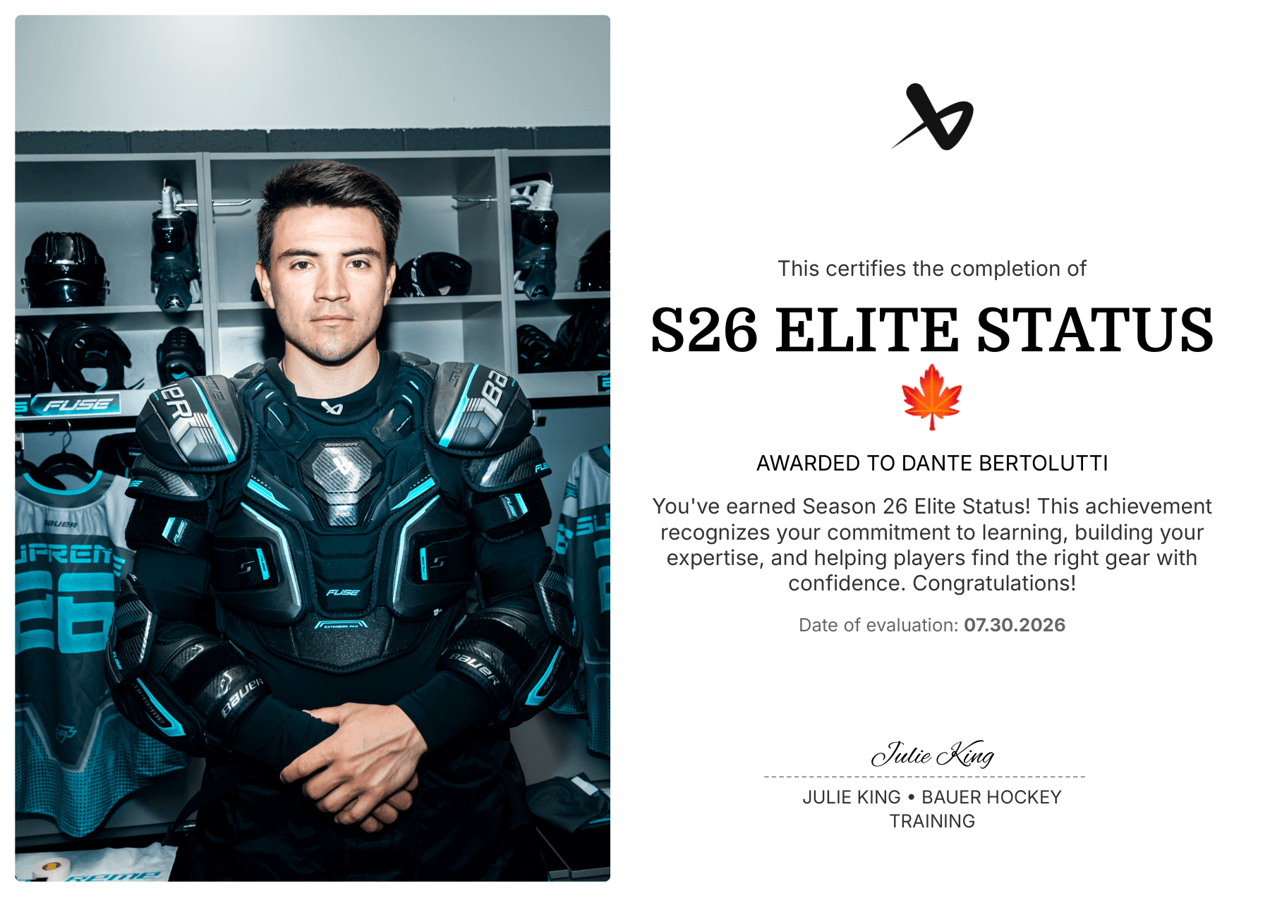 Bauer Hockey S26 Elite Status certificate awarded to Dante Bertolutti