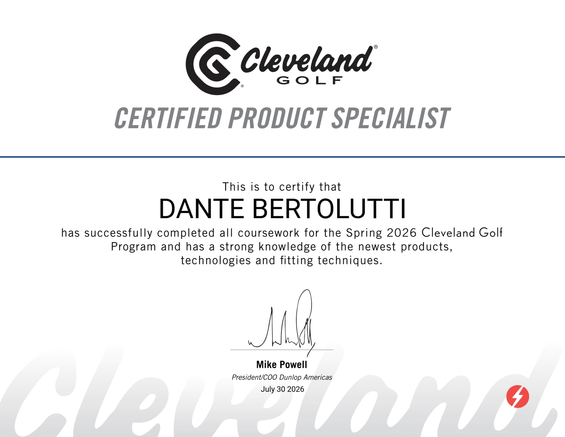 Cleveland Golf Certified Product Specialist certificate for Dante Bertolutti, Spring 2026