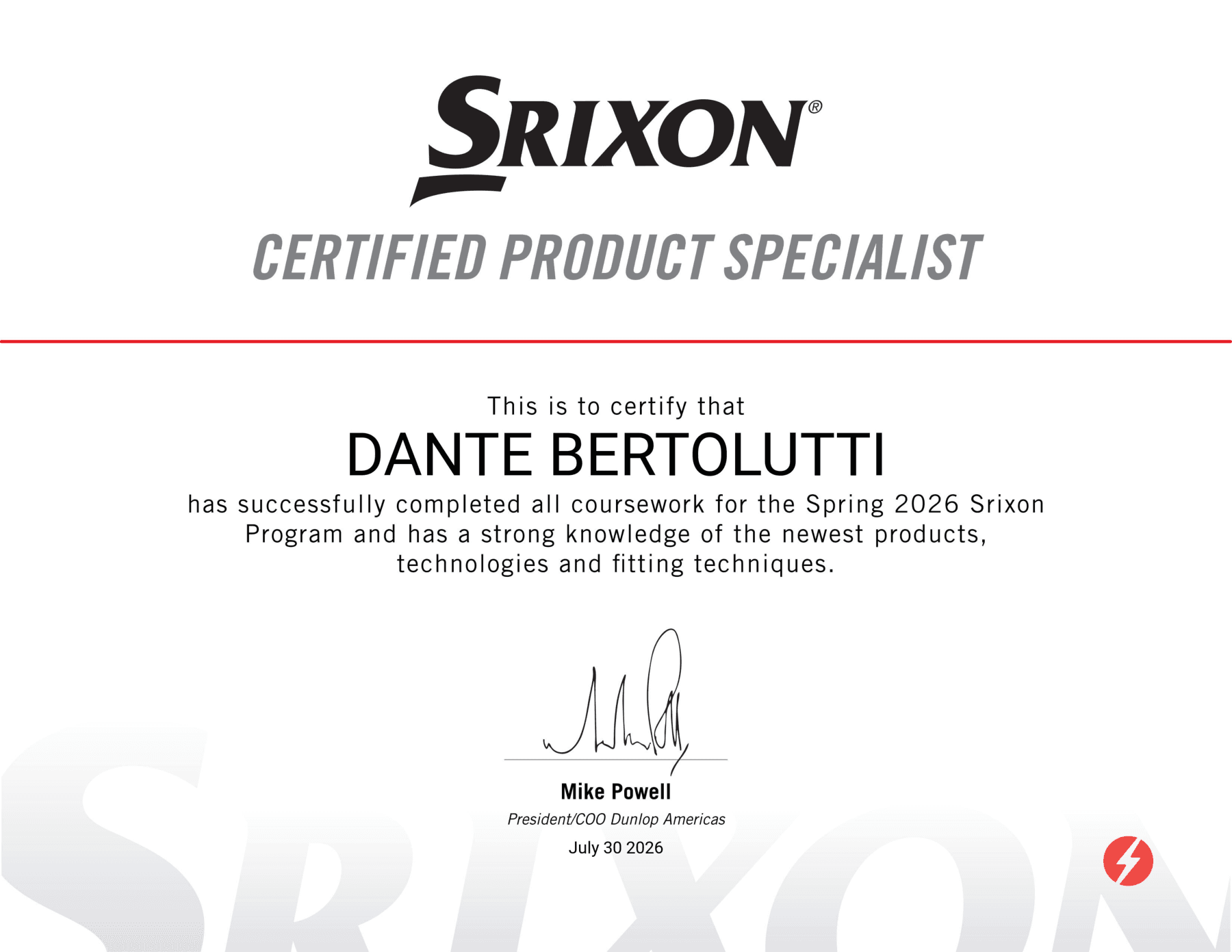 Srixon Certified Product Specialist certificate for Dante Bertolutti, Spring 2026