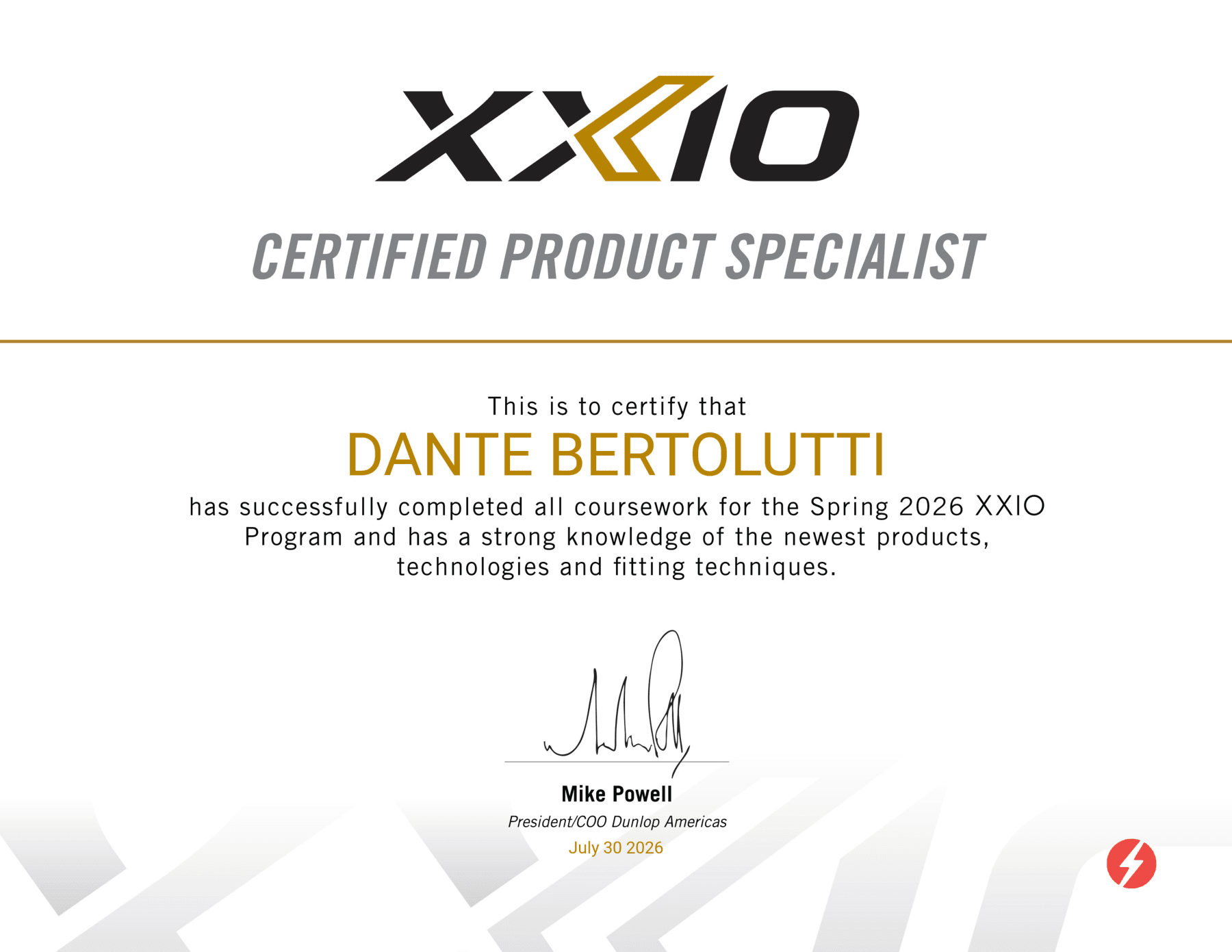 XXIO Certified Product Specialist certificate for Dante Bertolutti, Spring 2026
